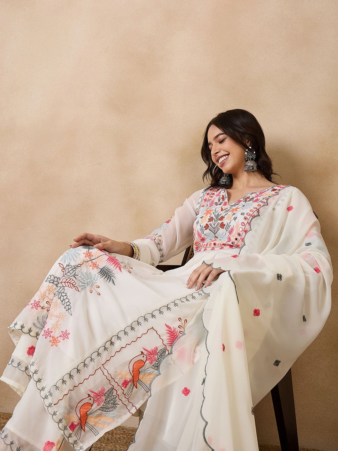 Dhiyona KL Floral Embroidered Georgette Kurta with Palazzos & With Dupatta