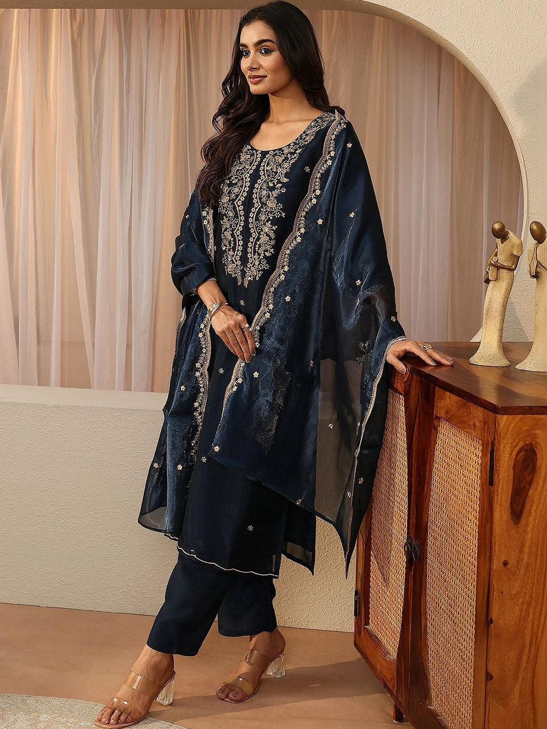 Blue Floral Embroidered Tissue Straight Suit Set