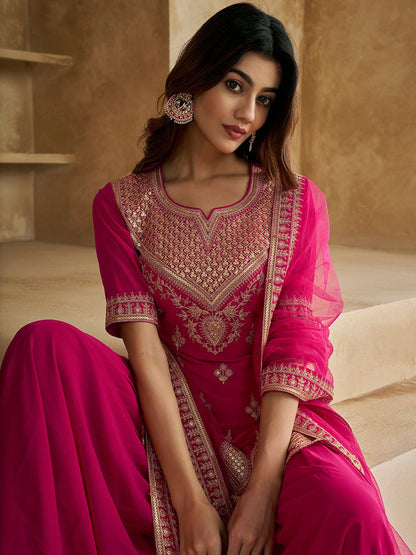 Dhiyona IN Ethnic Motifs Embroidered Sequinned Scalloped Kurti with Sharara & Dupatta
