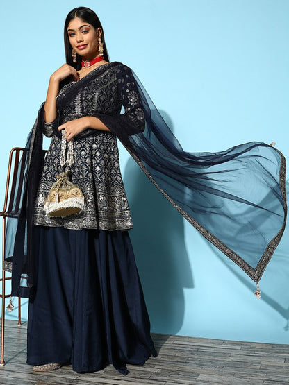 Dhiyona LL Womens Blue Embroidered Silk Anarkali Kurti With Palazzos & Dupatta