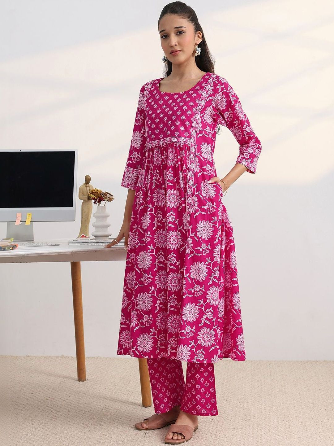 Libas Fuchsia Pink Floral Print A-Line Suit Set with Dupatta