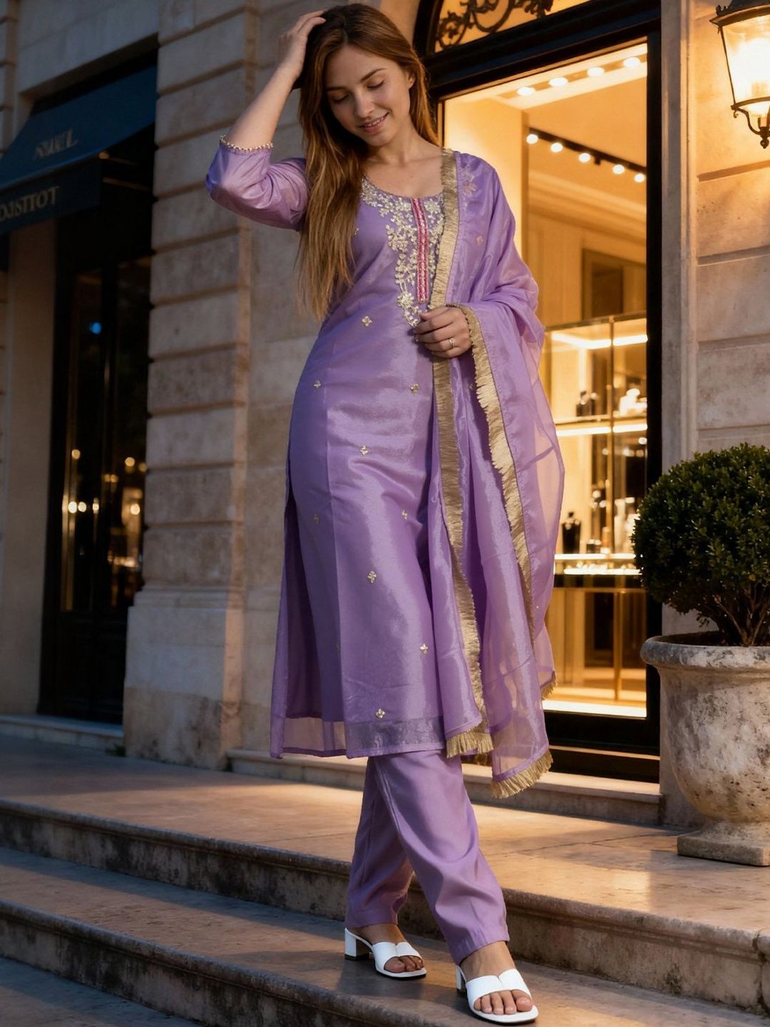 Dhiyona IE Women Ethnic Motifs Embroidered Sequinned Kurta With Trousers & Dupatta