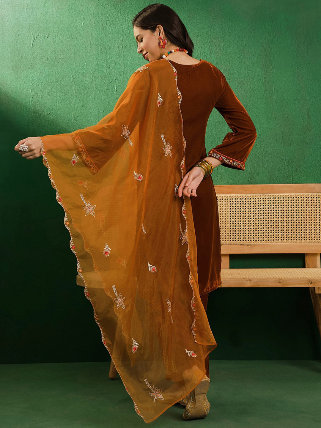 Rust & White Zari Embroidered Velvet Straight Kurta With Palazzos & Dupatta