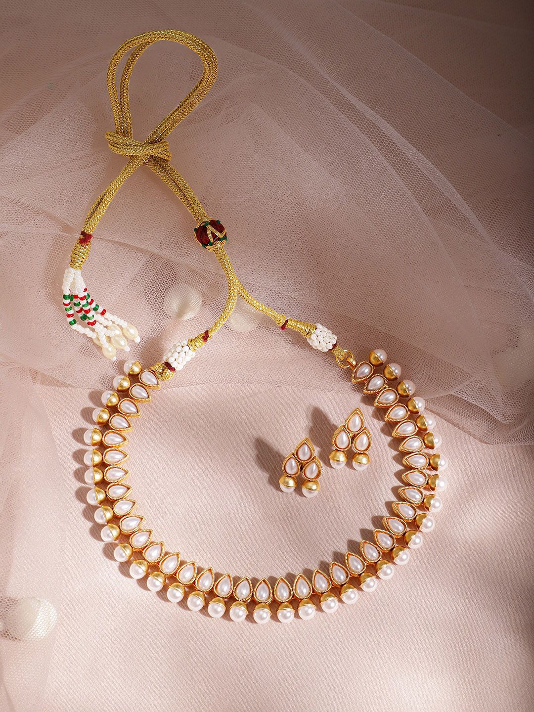 Dhiyona RJ Women's 18K Gold Plated White Pearl Beaded Contemporary Handcrafted Choker Necklace Set
