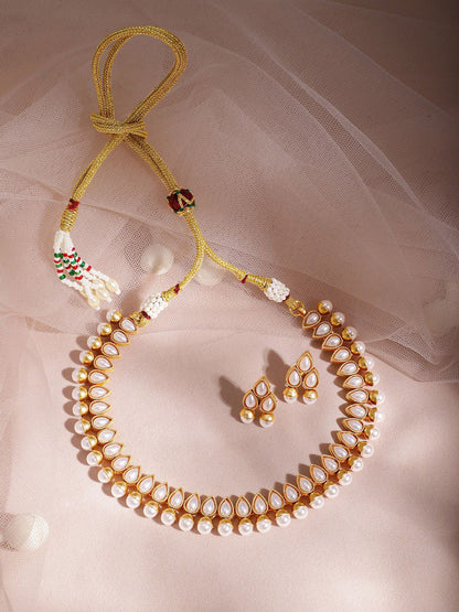 Dhiyona RJ Women's 18K Gold Plated White Pearl Beaded Contemporary Handcrafted Choker Necklace Set