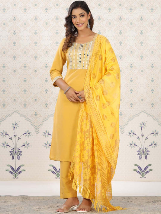 Dhiyona OD  Geometric Yoke Design Mirror Work Kurta with Trousers & Dupatta