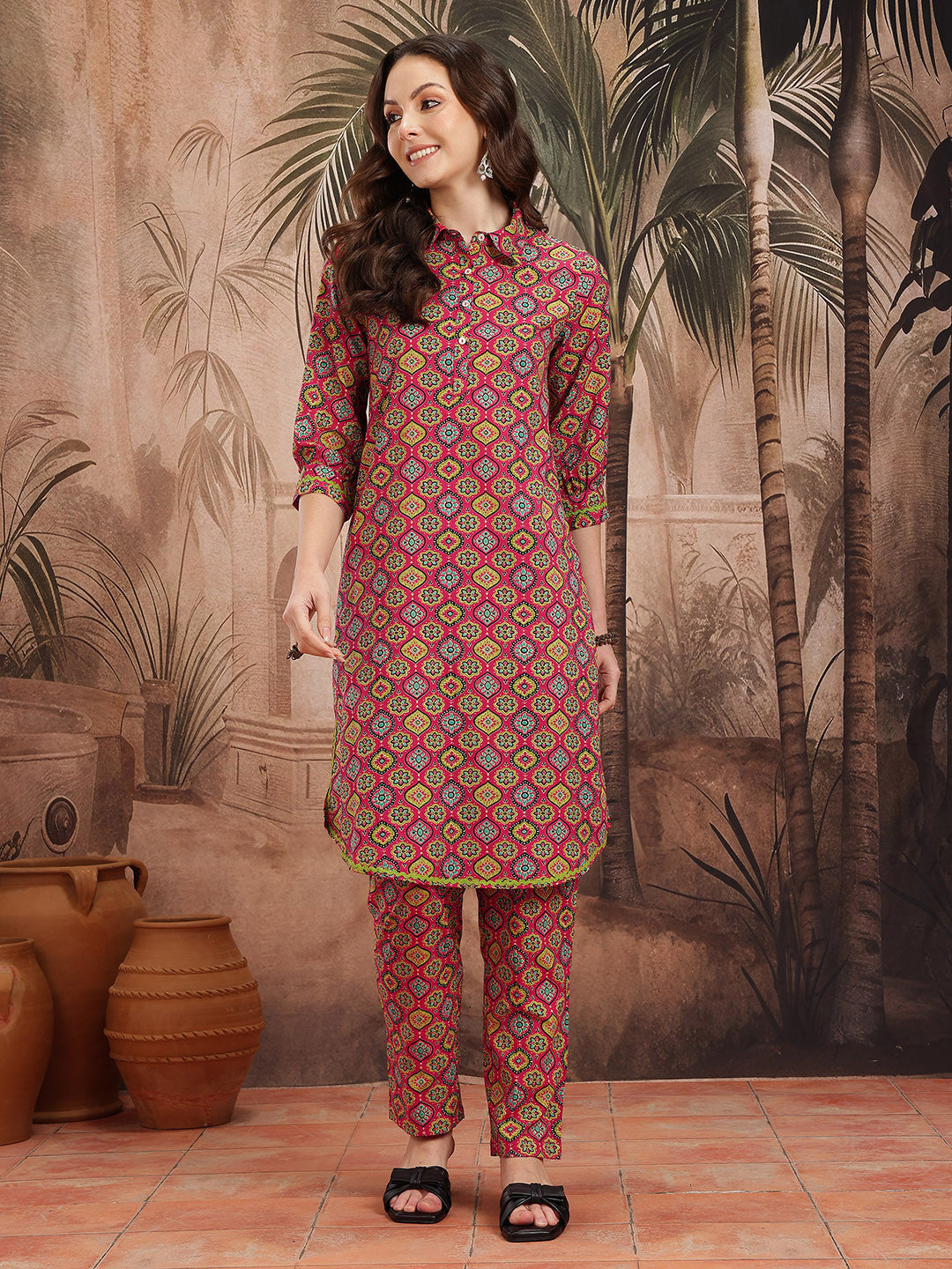 Indie Floral Print Pure Cotton Kurta with Trousers