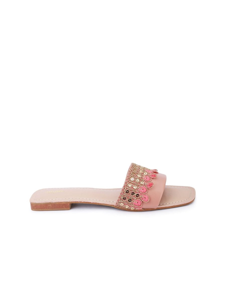 Dhiyona AK Peach-Coloured Ethnic Embroidered Open Toe Flats
