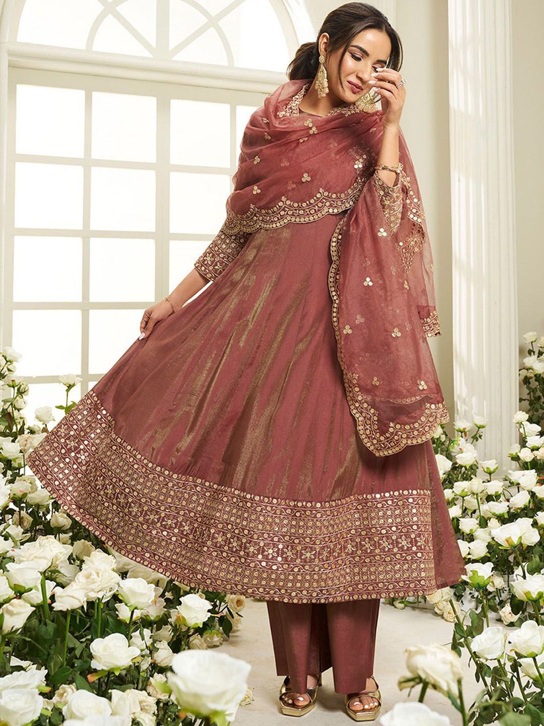 Dhiyona IN Floral Yoke Design Sequinned Anarkali Kurta With Palazzos & Dupatta