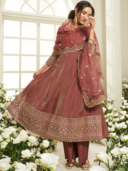Dhiyona IN Floral Yoke Design Sequinned Anarkali Kurta With Palazzos & Dupatta