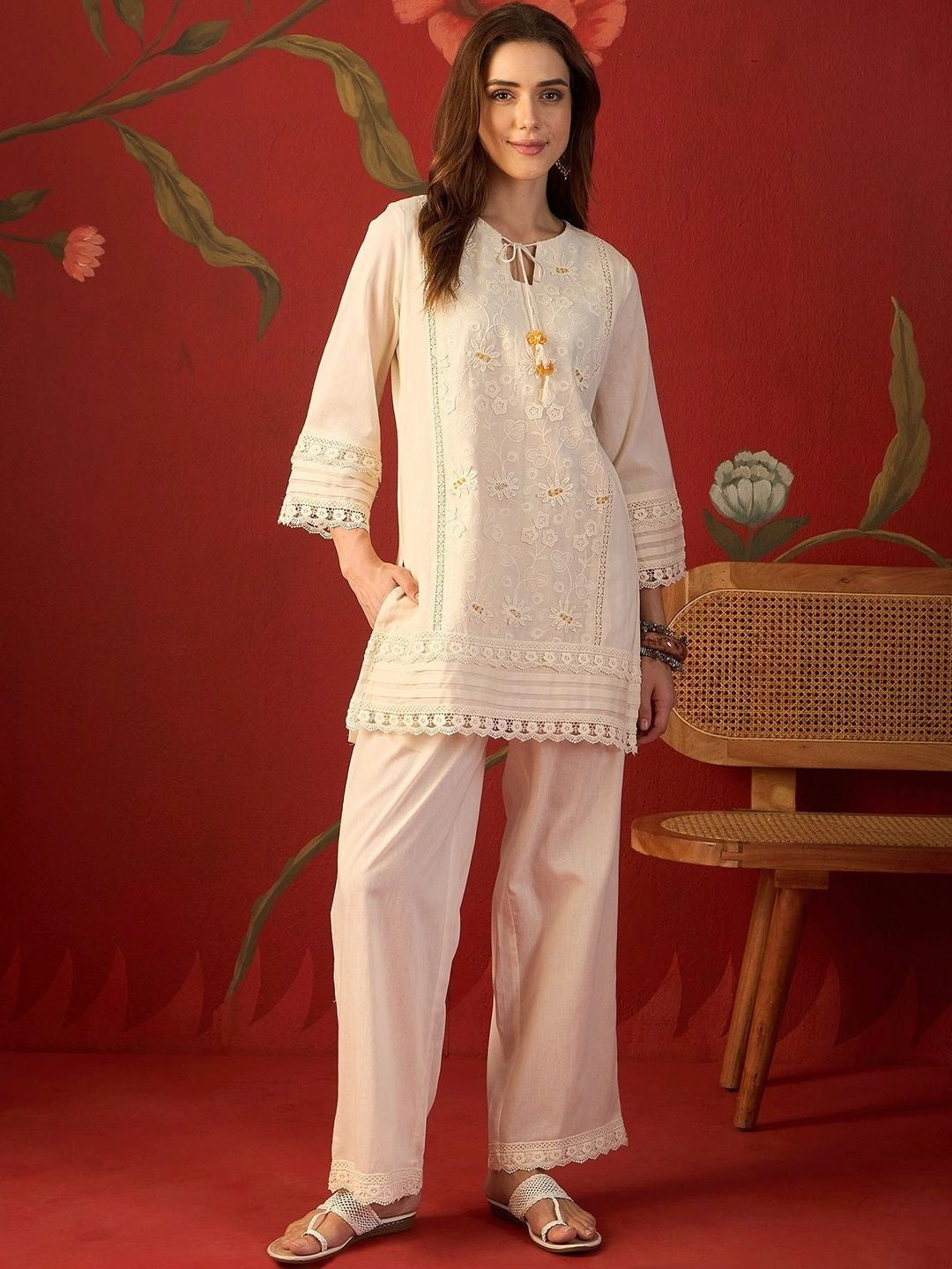 Cream schiffli embroidered cotton tunic and pants