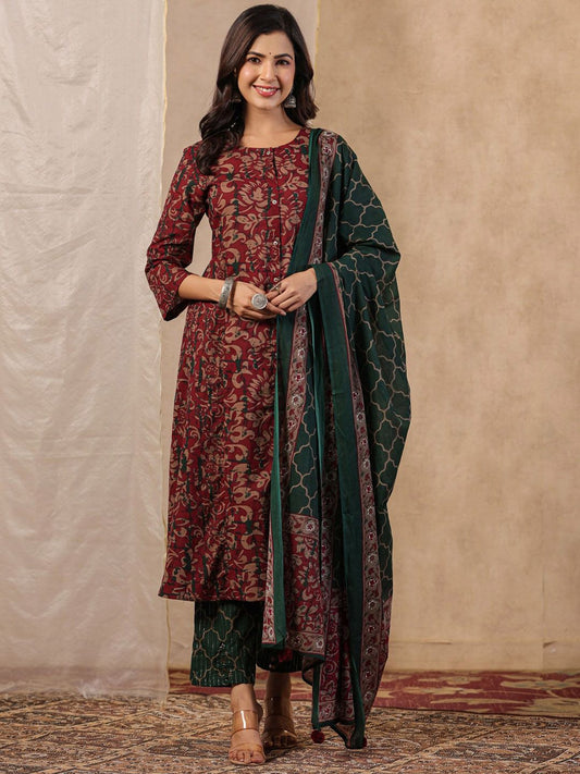 Dhiyona SN Women's Floral Printed Pure Cotton Straight Kurta With Trouser & Dupatta