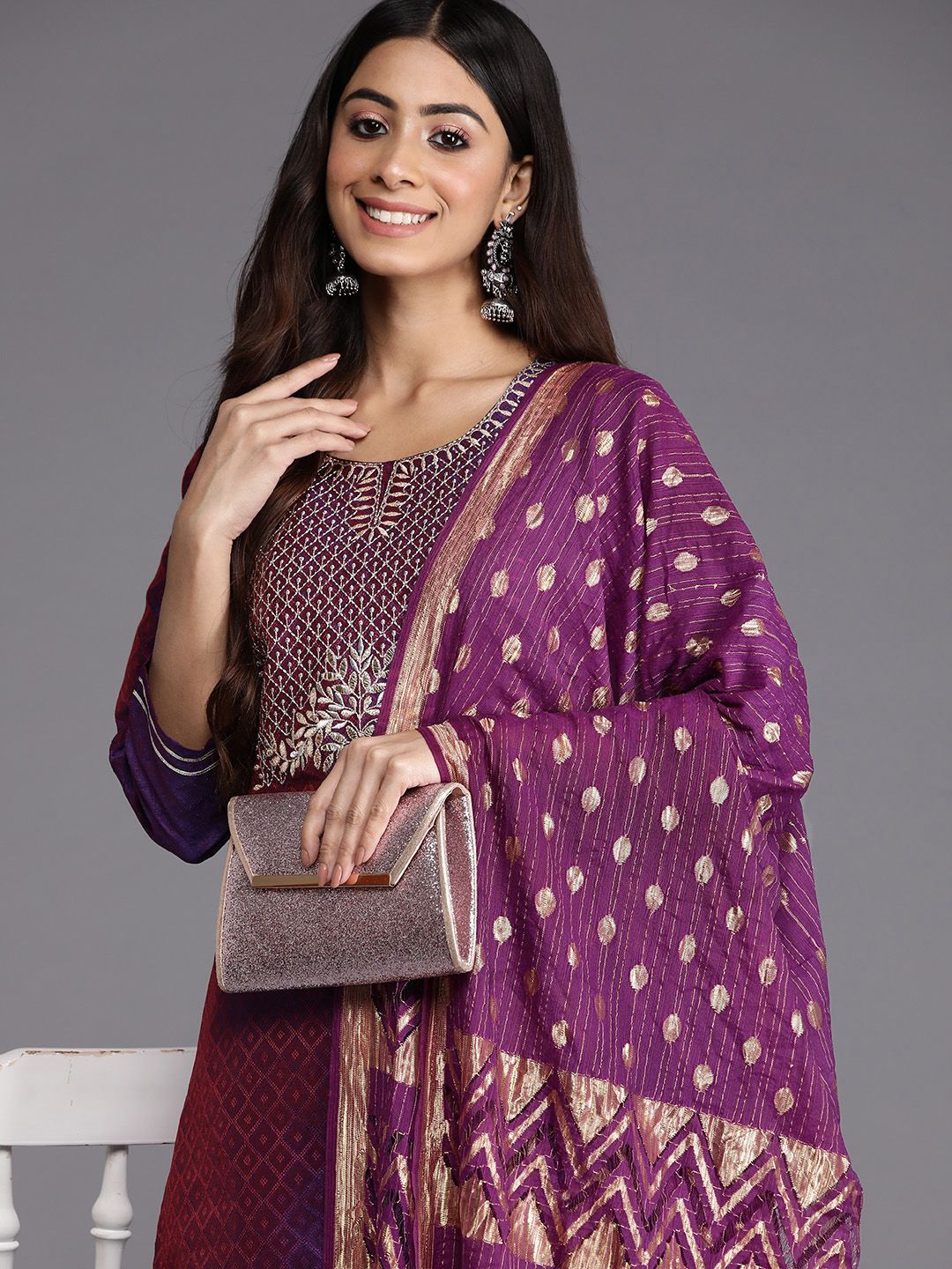 Purple Purple Geometric Woven Design Thread Work Jacquard Kurta with Trousers & Dupatta