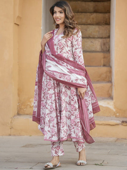 Dhiyona KL Floral Printed Regular Thread Work Pure Cotton Kurta with Trouser & With Dupatta