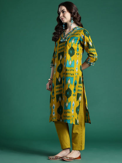 Dhiyona IE Geometric Printed Regular Pure Cotton Kurta with Trousers & Dupatta