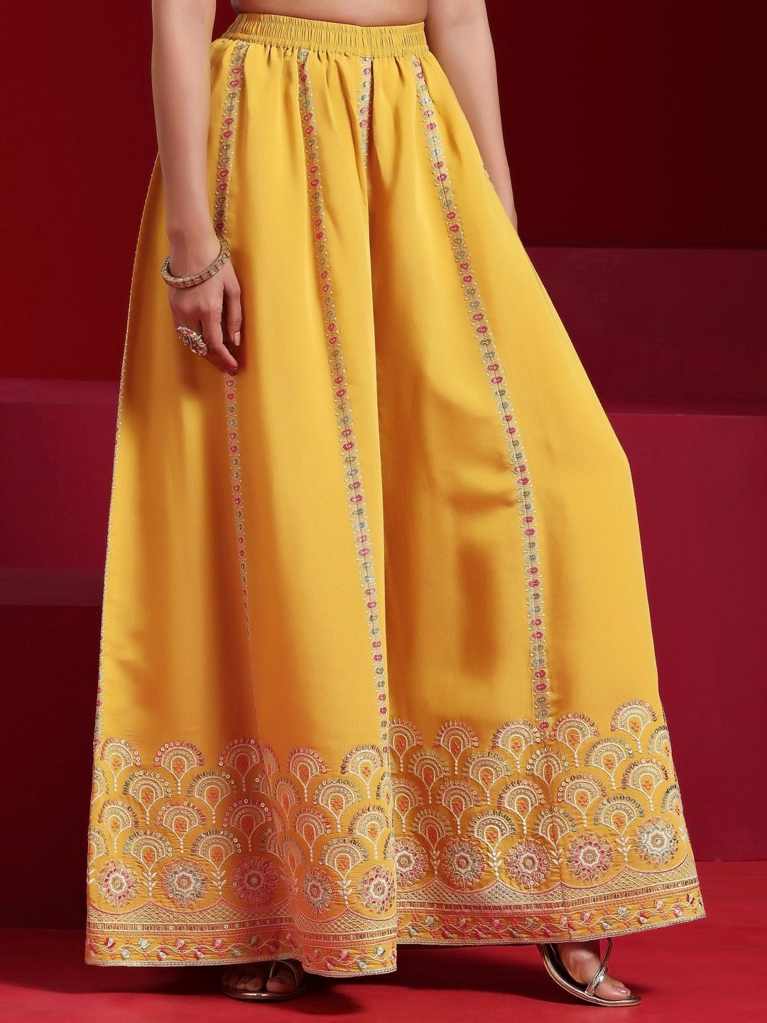 Dhiyona LL Floral Embroidered Sequinned Straight Kurta With Palazzos & Dupatta