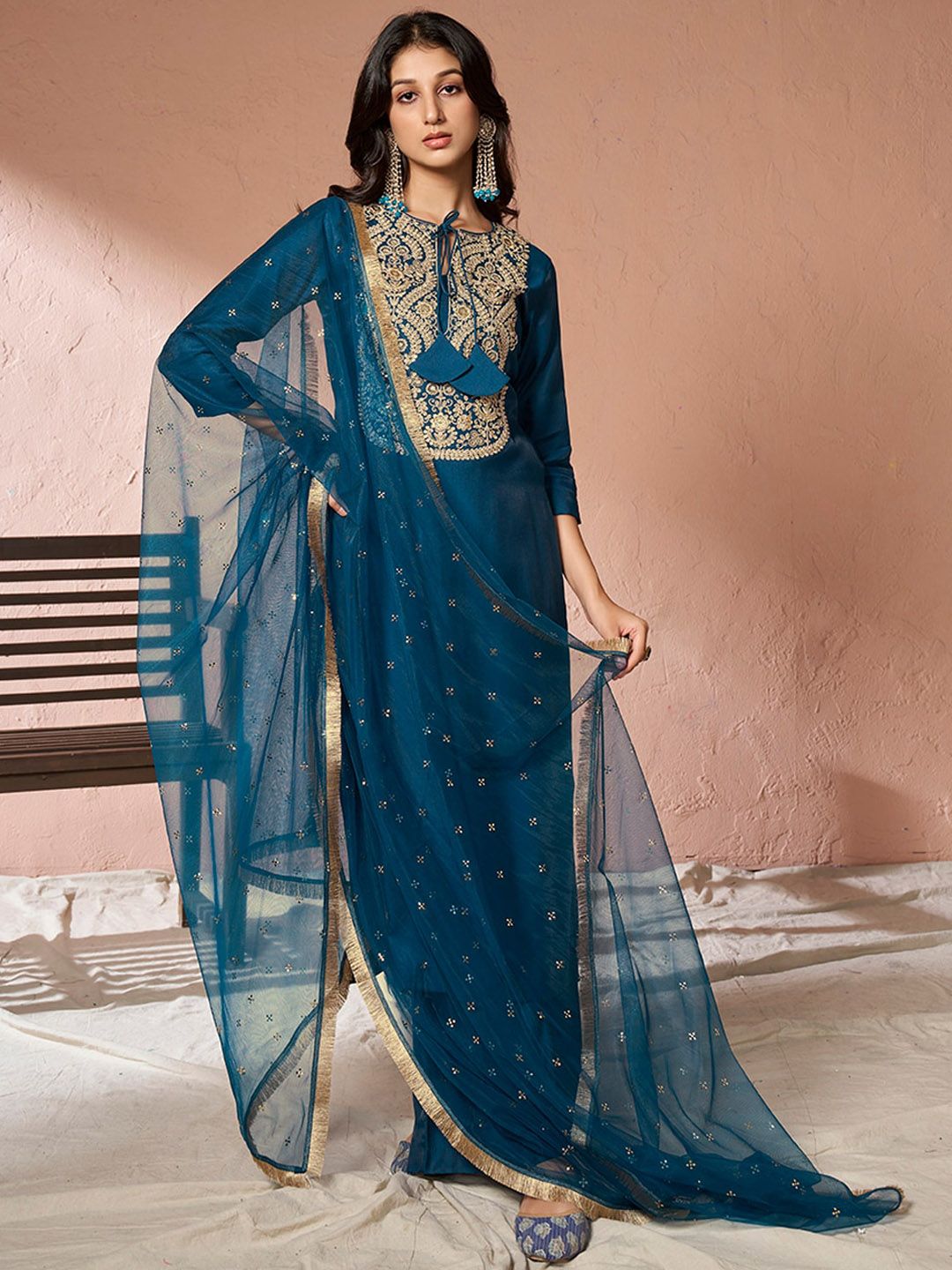 Dhiyona IN Floral Yoke Design Regular Pure Silk Kurta with Palazzos & Dupatta