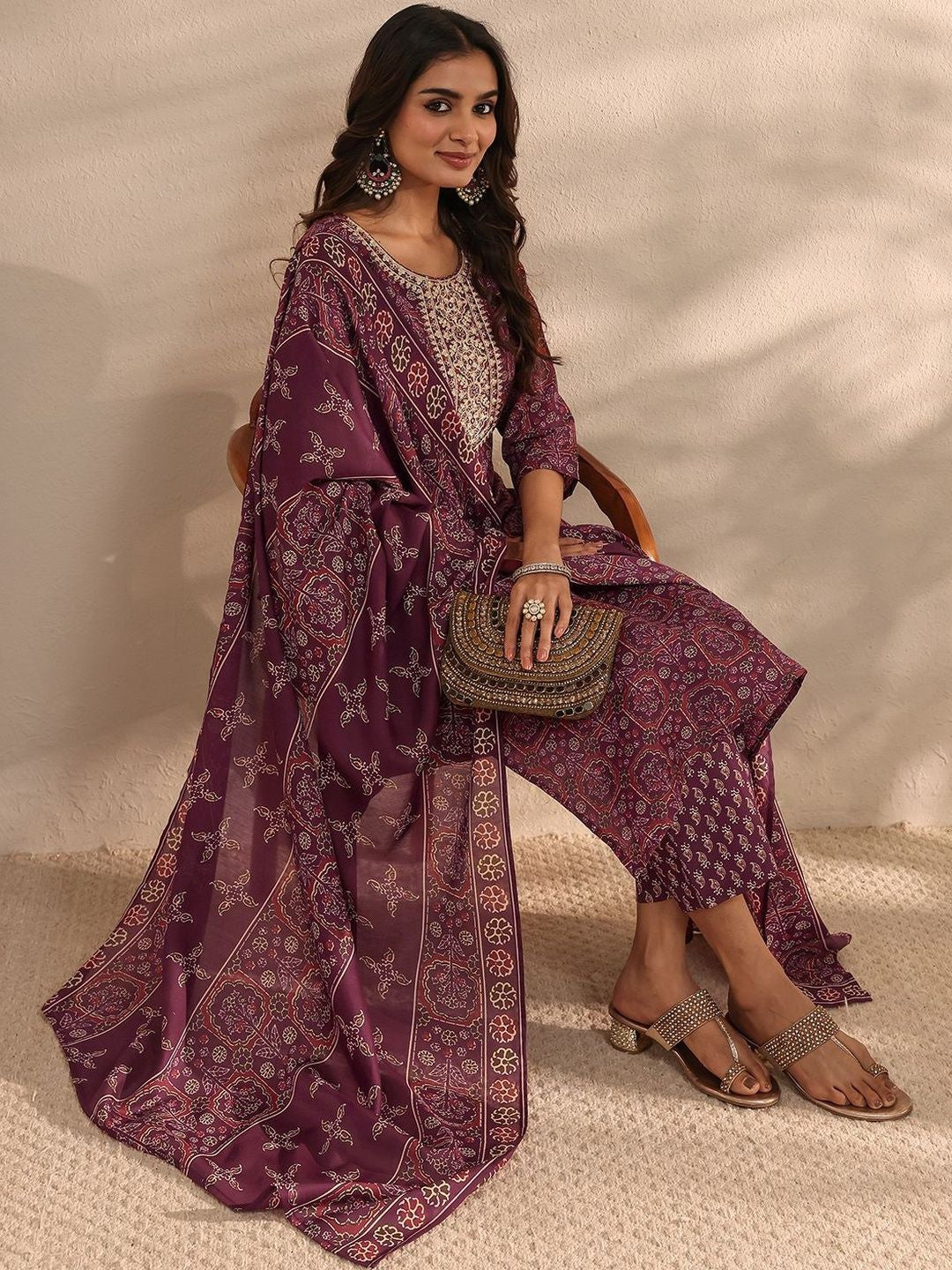 Women Ethnic Motifs Printed Regular Thread Work Kurta with Trousers & With Dupatta