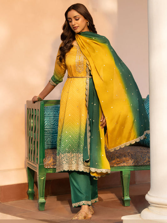 Women Bandhani Printed Regular Kurta with Trousers & With Dupatta