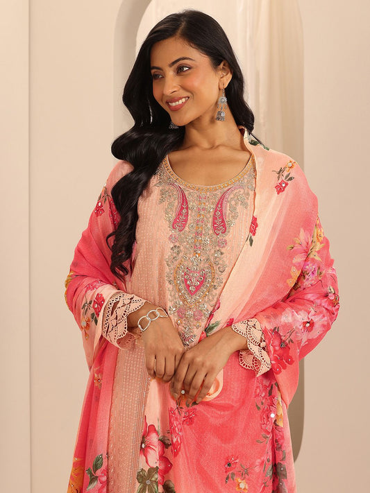 Dhiyona LL Womens Peach Embroidered Georgette Straight Kurta With Sharara & Dupatta
