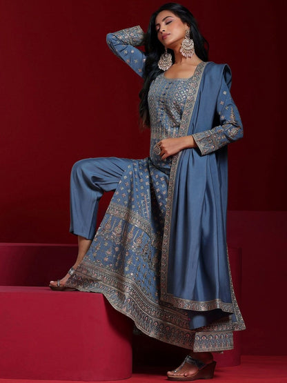 Dhiyona LL Ethnic Motifs Embroidered Sequinned Anarkali Kurta With Palazzos & Dupatta