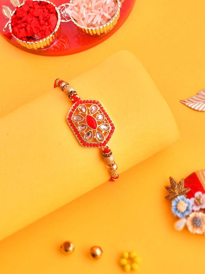 Dhiyona Gold-Toned Beaded Rakhi With Roli Chawal & Greeting Card