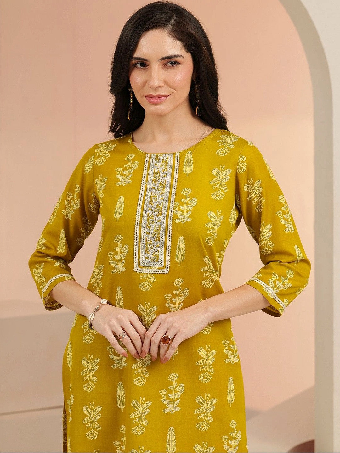 Mustard Floral Printed Cotton Blend Straight Suit Set