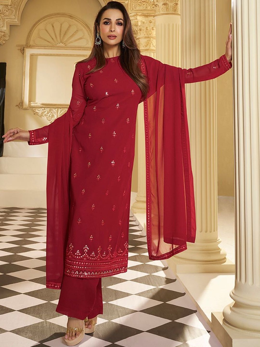 Dhiyona IN Women Ethnic Motifs Embroidered Regular Thread Work Kurta with Palazzos & With Dupatta