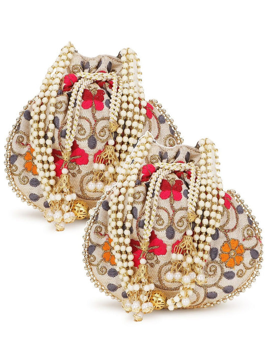 Dhiyona NR Set of 2 Floral Embroidered Potli Clutches