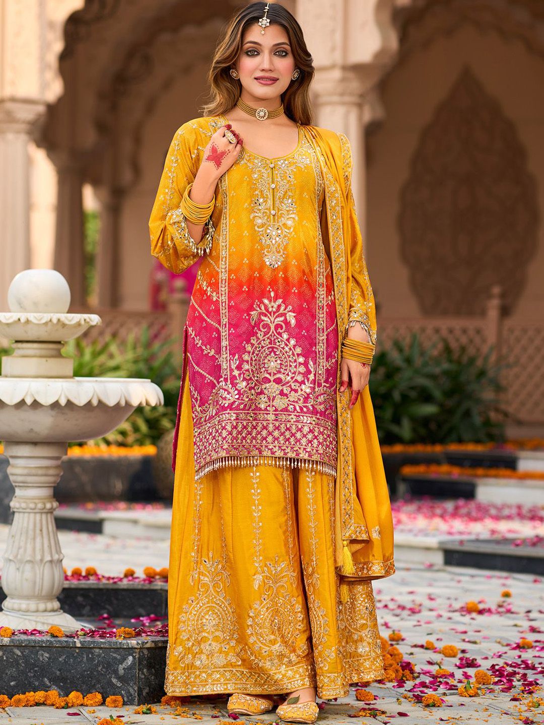 Dhiyona IE Floral Embroidered Zari Straight Kurta With Palazzos And Dupatta