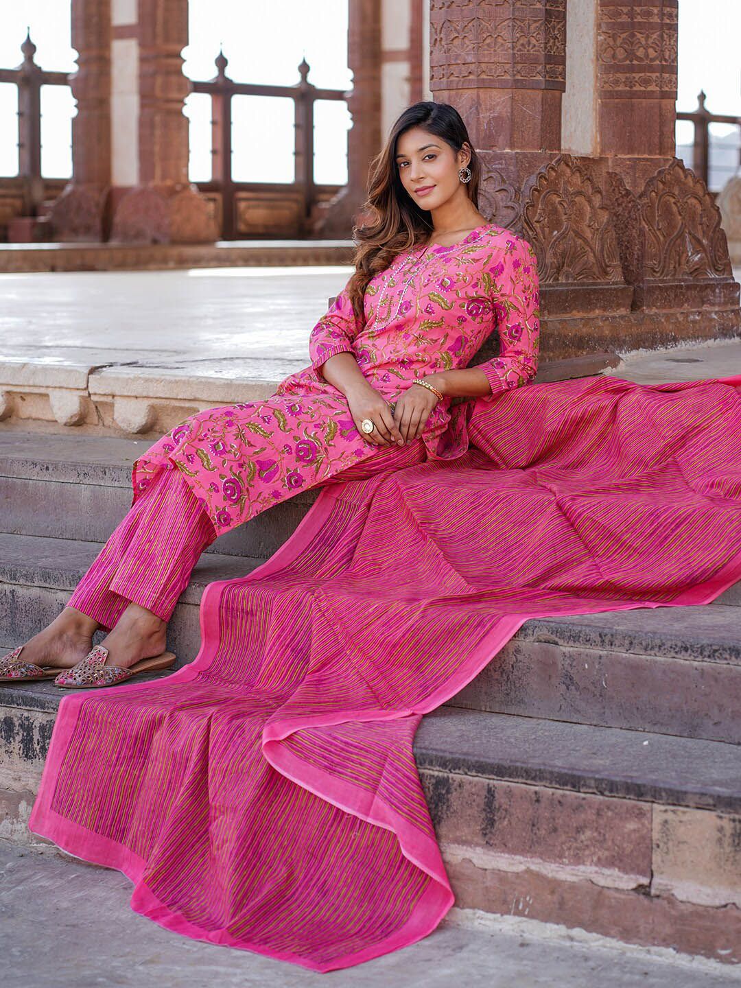 Dhiyona KL Floral Printed Pure Cotton Kurta with Trousers & With Dupatta