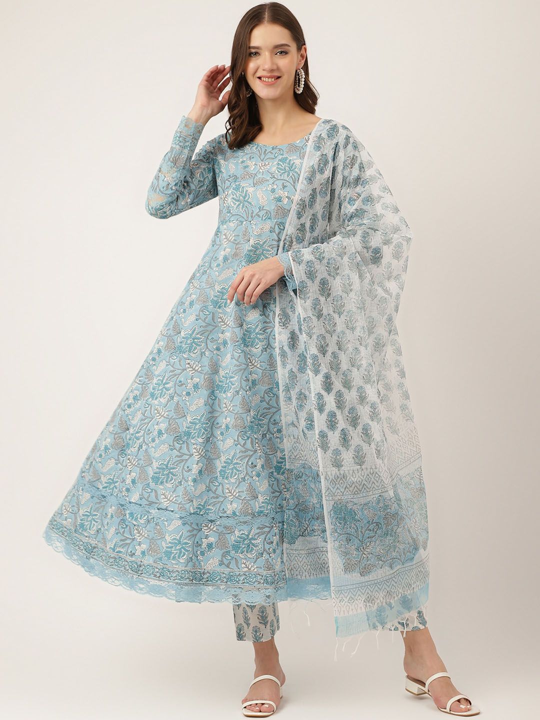 Dhiyona KL Floral Printed Pure Cotton Anarkali Kurta With Trousers & Dupatta