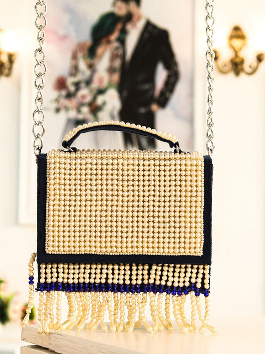 Dhiyona NR Navy Blue & White Embroidered Embroidered Box Clutch