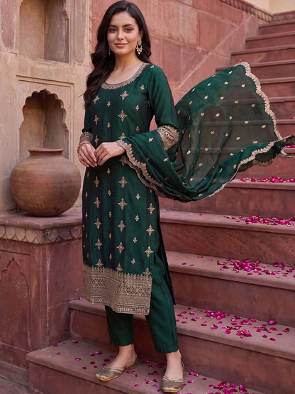 Women Ethnic Motifs Embroidered Regular Kurta with Trousers & With Dupatta