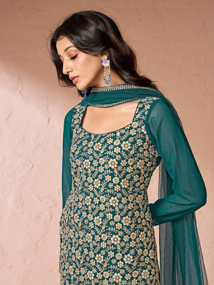 Dhiyona IN Teal Floral Embroidered Sequinned Georgette Kurta With Sharara & Dupatta