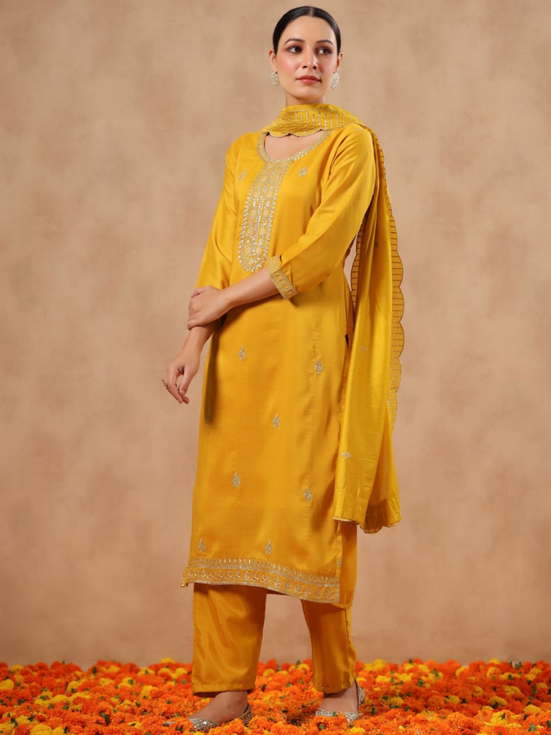 Dhiyona IS Women's Ethnic Motifs Embroidered Sequinned Straight Kurta & Trousers With Dupatta