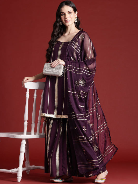 Dhiyona AN Printed Regular Sequinned Kurta With Sharara & Dupatta