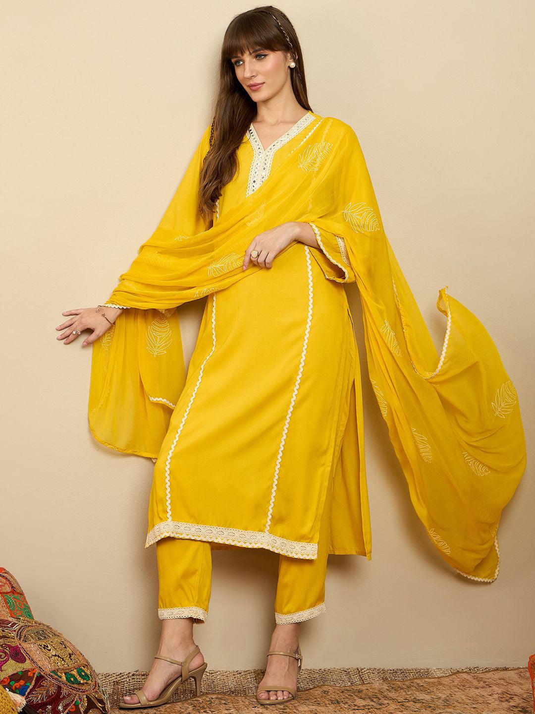 Straight Mirror Work Kurta with Trousers & Dupatta