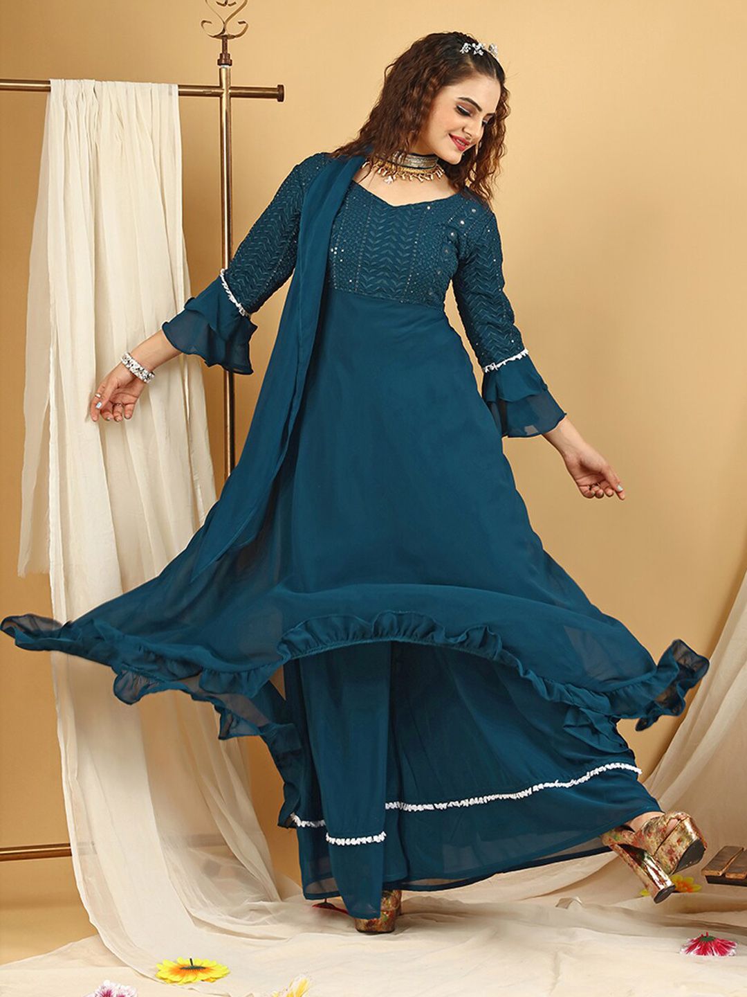 Dhiyona KL Floral Embroidered Regular Sequinned Anarkali Kurta With Palazzos & Dupatta