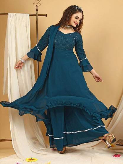 Dhiyona KL Floral Embroidered Regular Sequinned Anarkali Kurta With Palazzos & Dupatta