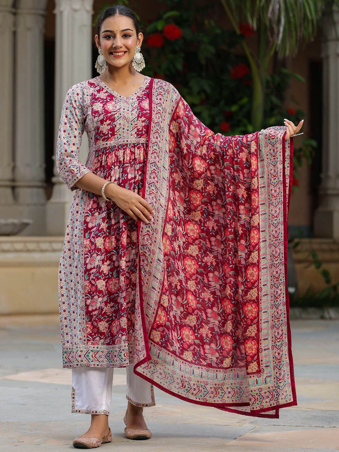 Dhiyona RR Women's Floral Printed Pure Cotton A-line Kurta With Trousers & Dupatta
