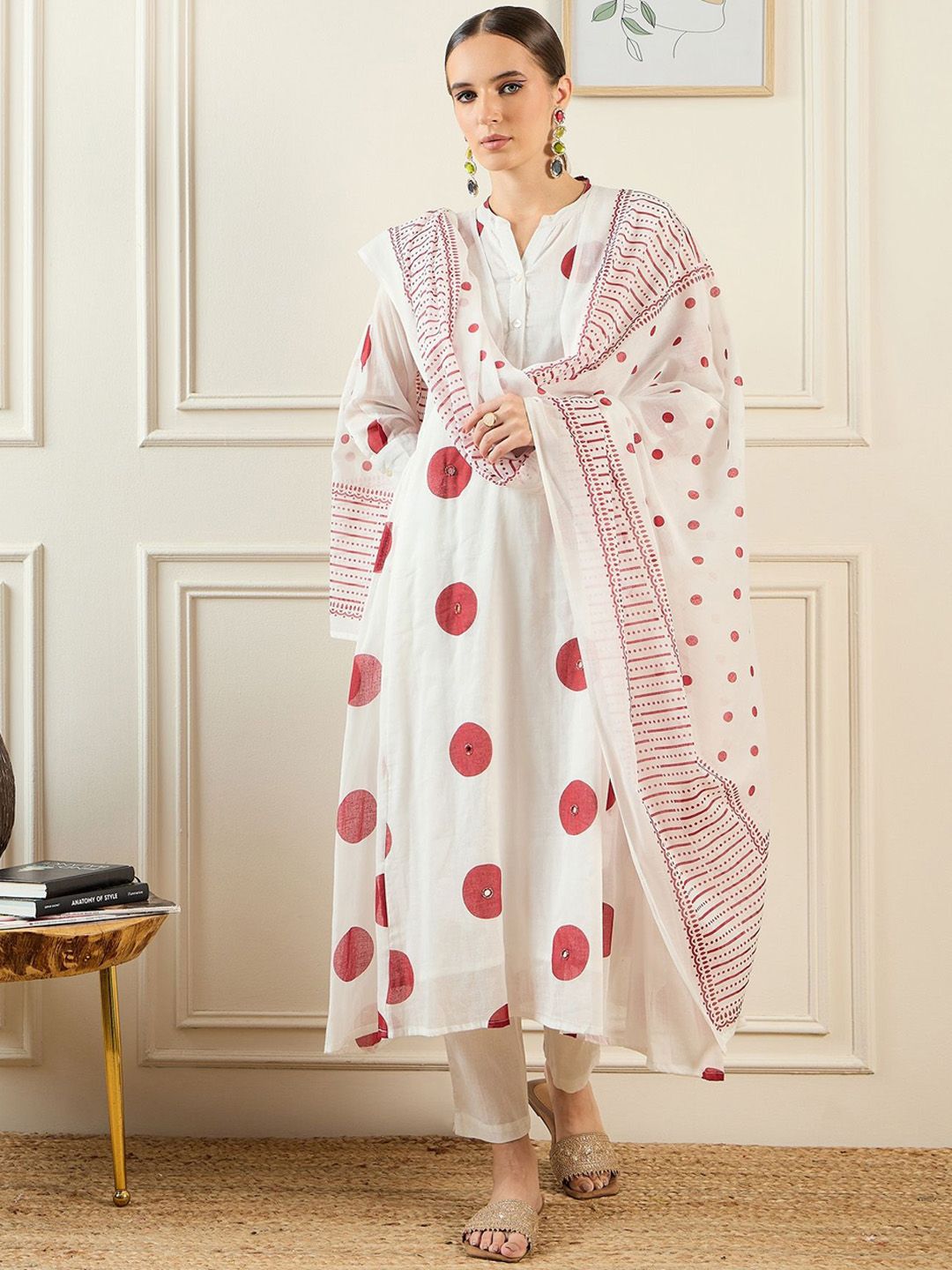 Dhiyona IE Women Printed Panelled Sequinned Pure Cotton Kurta with Trousers & With Dupatta