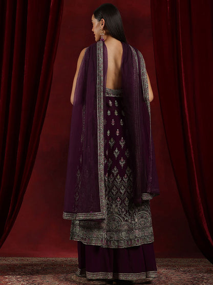 Dhiyona LL Floral Embroidered Beaded Georgette A-Line Kurta With Palazzos & Dupatta