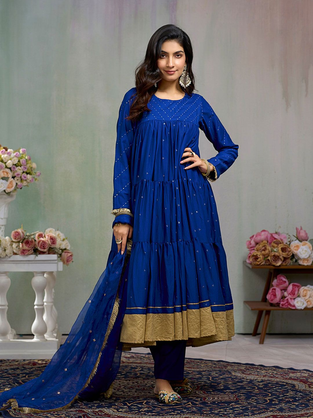 Dhiyona CH Women Floral Embroidered Tiered Sequinned A-Line Kurta With Trousers & Dupatta
