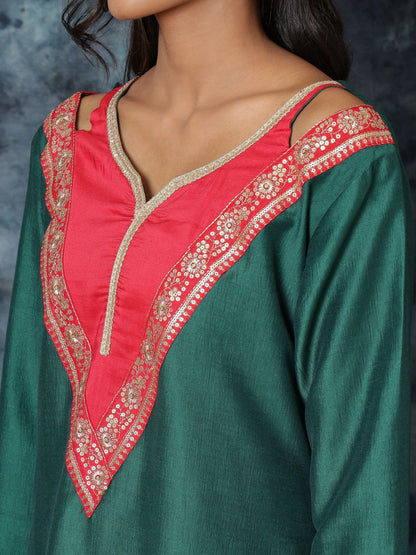 Women Cotton Silk Embroidered Straight Kurta Salwar With Dupatta Set