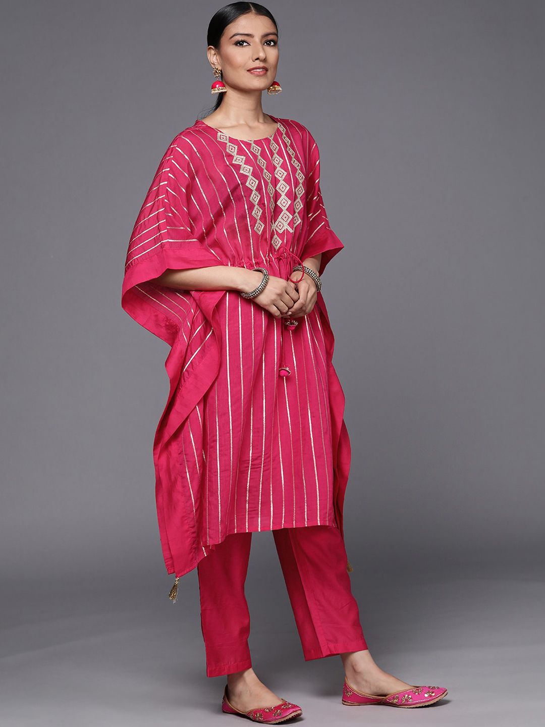 Dhiyona VA Women'sStriped Thread Work Chanderi Silk Kaftan Kurta with Trousers