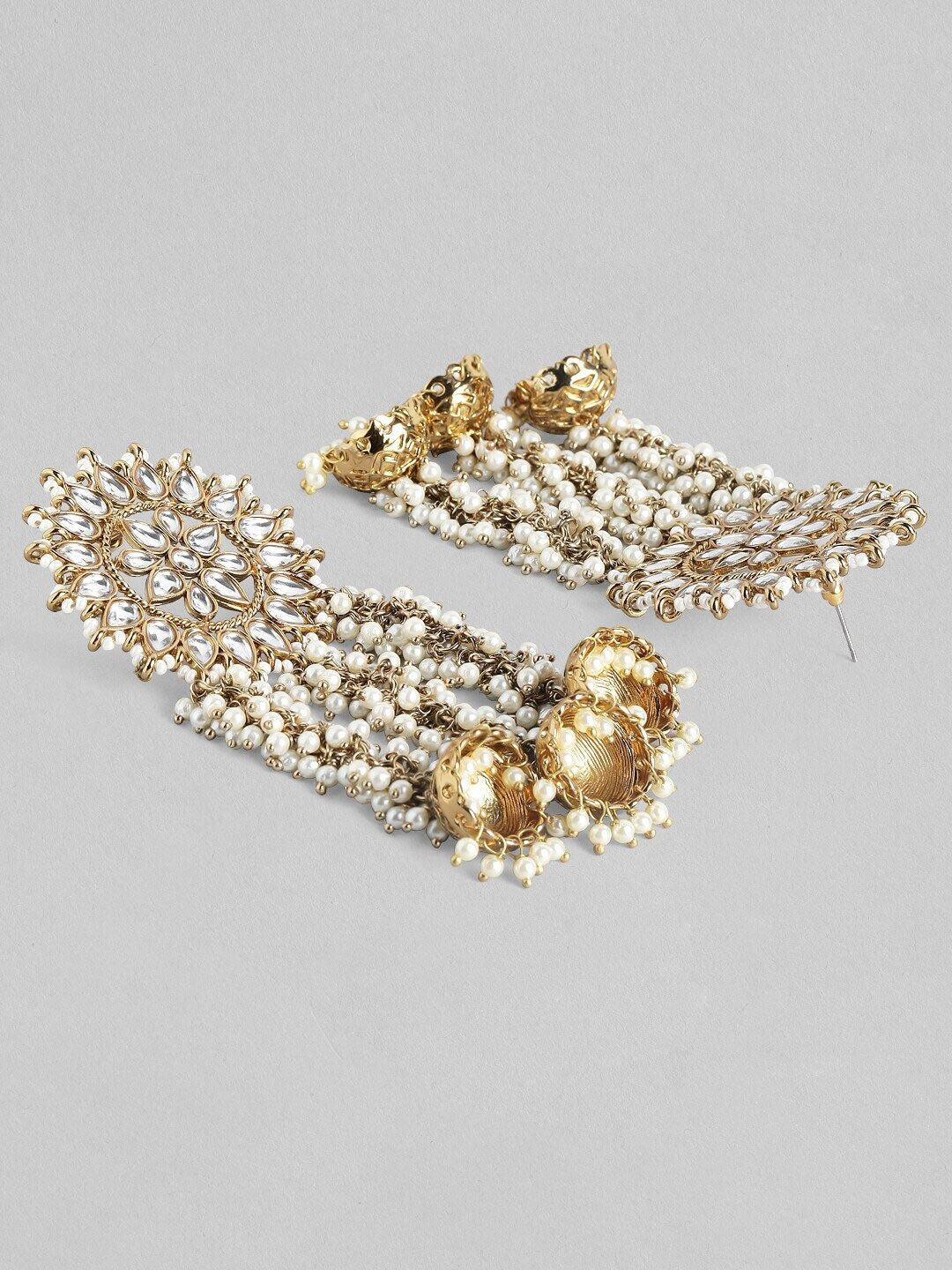Dhiyona RJ Women's 22K Gold Plated Handcrafted Kundan Studded Floral Design 3-Layered Jhumkas Earrings