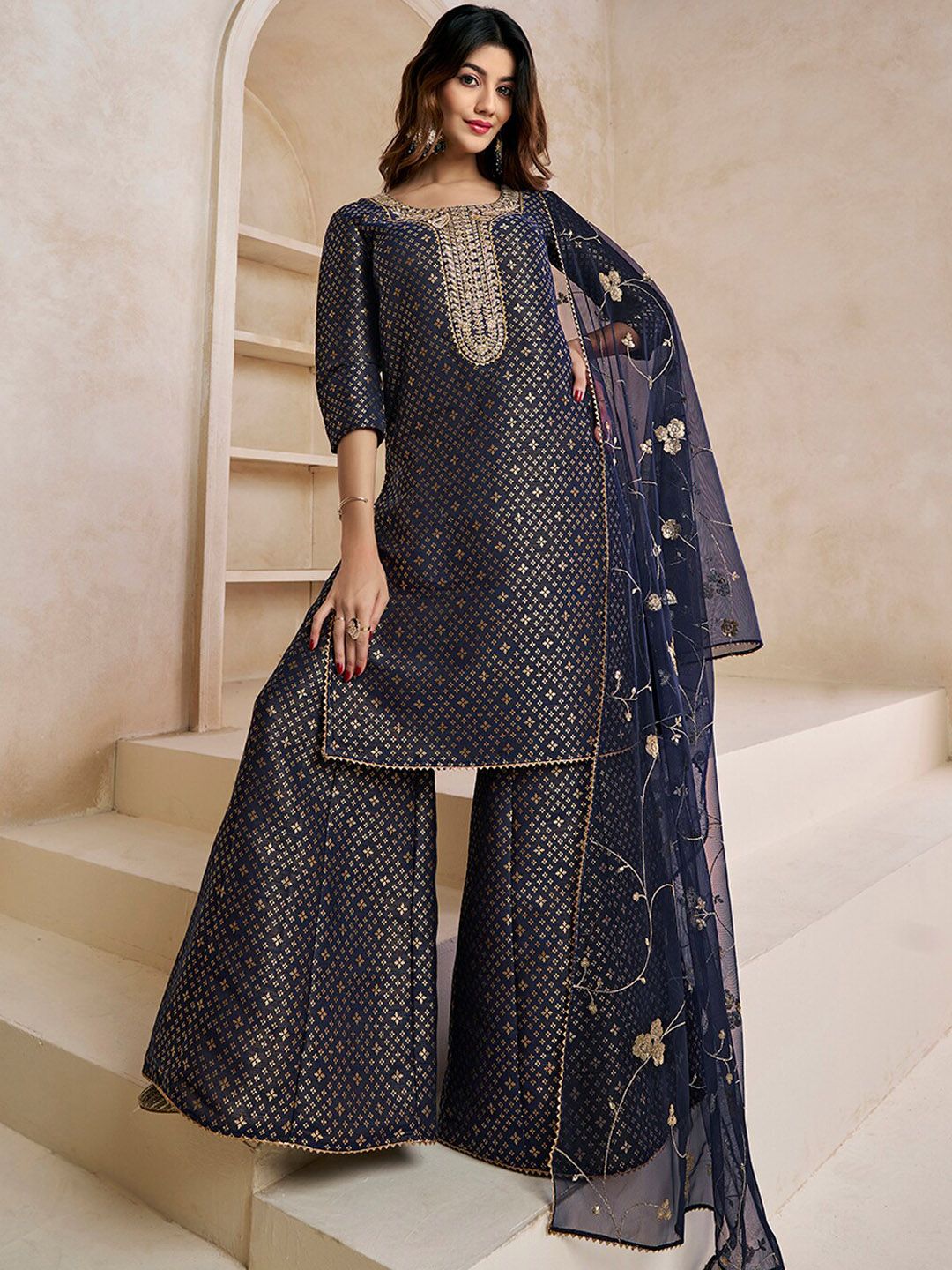 Dhiyona IN Floral Woven Design Zari Kurta With Sharara & Dupatta