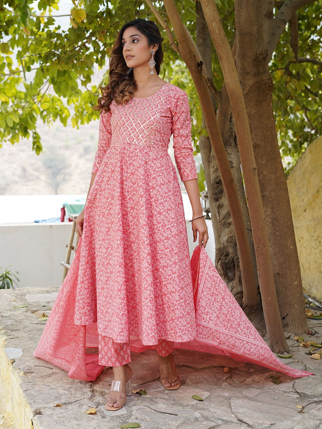 Dhiyona KL Ethnic Printed Gotta Patti Anarkali Pure Cotton Kurta with Trousers & Dupatta