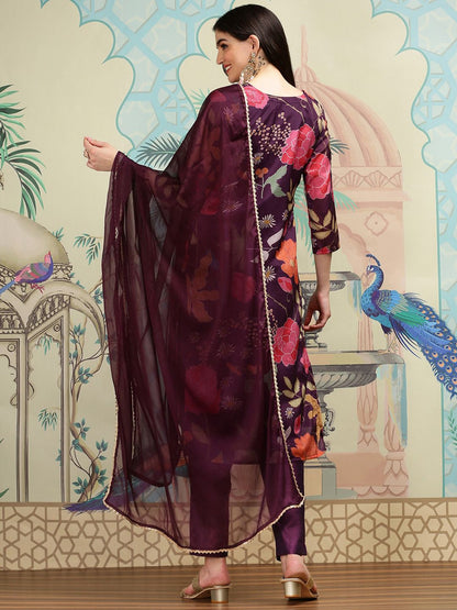 Dhiyona IS Women's Purple Floral Printed Thread Work Straight Kurta With Trousers & With Dupatta